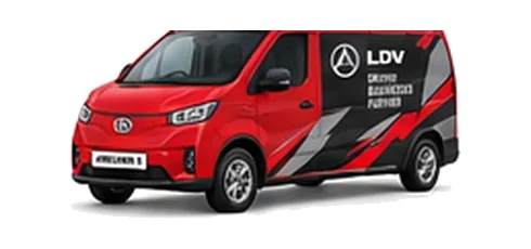 LDV eDeliver 3 in red with custom van vinyl graphics, front three-quarter view.
