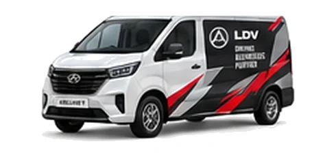 LDV eDeliver 7 in white with custom van vinyl graphics, front three-quarter view.