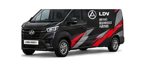 LDV eDeliver 7 in black with custom van vinyl graphics, front three-quarter view.