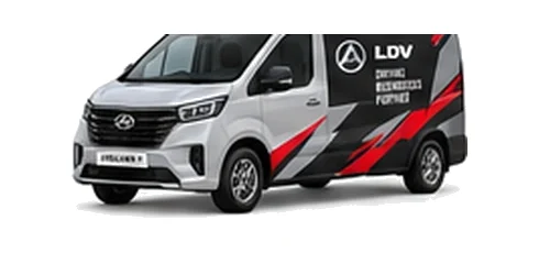 LDV eDeliver 7 in silver with custom van vinyl graphics, front three-quarter view.