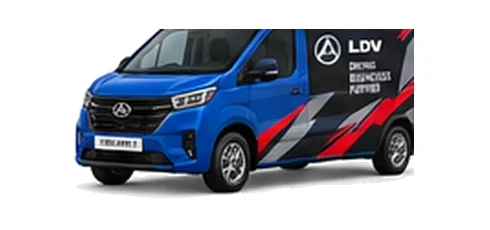LDV eDeliver 7 in blue with custom van vinyl graphics, front three-quarter view.