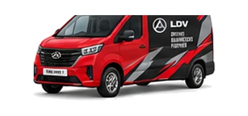 LDV eDeliver 7 in red with custom van vinyl graphics, front three-quarter view.