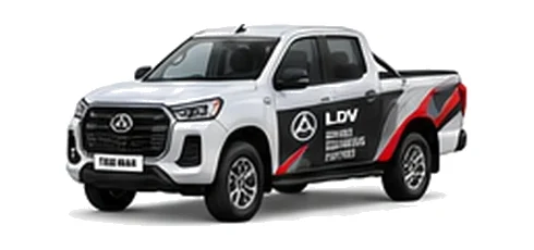 LDV T60 Max Pickup in white with custom van vinyl graphics, front three-quarter view.