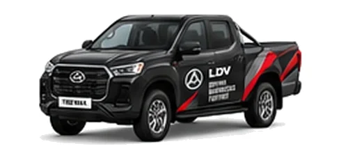 LDV T60 Max Pickup in black with custom van vinyl graphics, front three-quarter view.