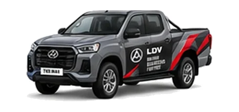 LDV T60 Max Pickup in grey with custom van vinyl graphics, front three-quarter view.
