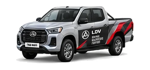 LDV T60 Max Pickup in silver with custom van vinyl graphics, front three-quarter view.