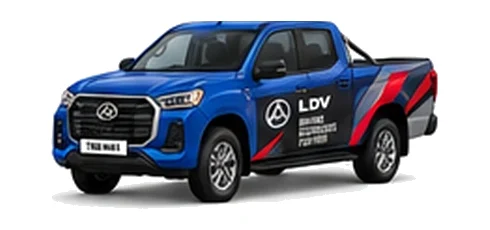 LDV T60 Max Pickup in blue with custom van vinyl graphics, front three-quarter view.