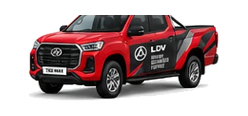 LDV T60 Max Pickup in red with custom van vinyl graphics, front three-quarter view.