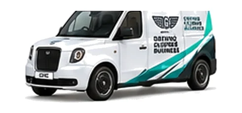 LEVC TX Shuttle Cargo in white with custom van vinyl graphics, front three-quarter view.