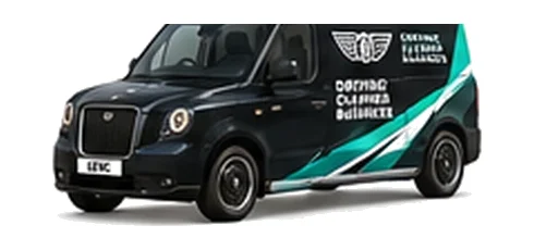 LEVC TX Shuttle Cargo in black with custom van vinyl graphics, front three-quarter view.