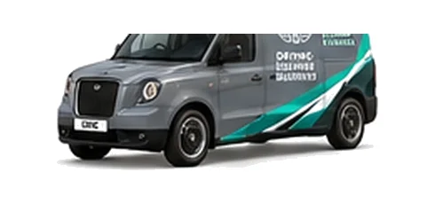 LEVC TX Shuttle Cargo in grey with custom van vinyl graphics, front three-quarter view.