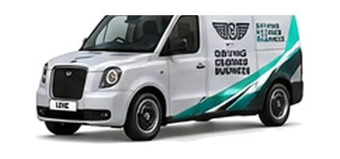 LEVC TX Shuttle Cargo in silver with custom van vinyl graphics, front three-quarter view.