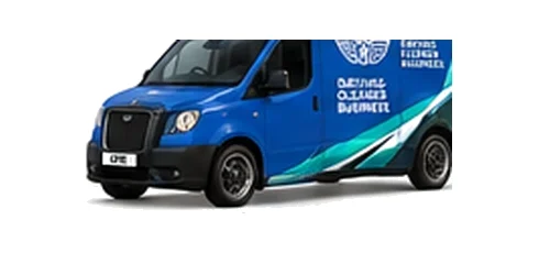 LEVC TX Shuttle Cargo in blue with custom van vinyl graphics, front three-quarter view.