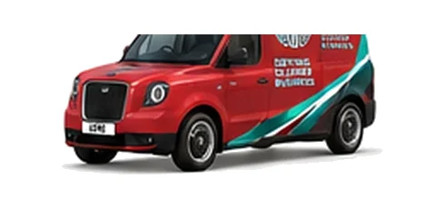 LEVC TX Shuttle Cargo in red with custom van vinyl graphics, front three-quarter view.