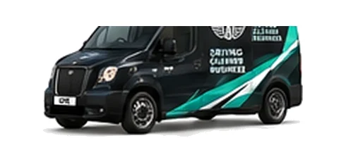 LEVC VN5 in black with custom van vinyl graphics, front three-quarter view.