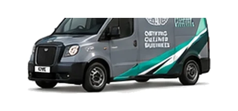 LEVC VN5 in grey with custom van vinyl graphics, front three-quarter view.