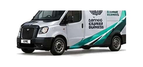 LEVC VN5 in silver with custom van vinyl graphics, front three-quarter view.