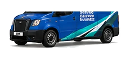LEVC VN5 in blue with custom van vinyl graphics, front three-quarter view.