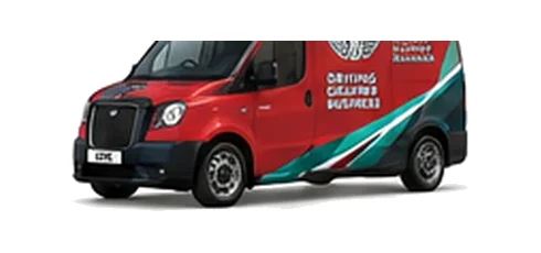 LEVC VN5 in red with custom van vinyl graphics, front three-quarter view.