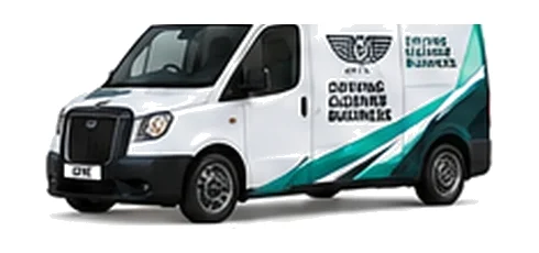 LEVC VN5 City in white with custom van vinyl graphics, front three-quarter view.