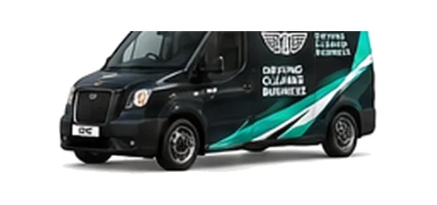 LEVC VN5 City in black with custom van vinyl graphics, front three-quarter view.