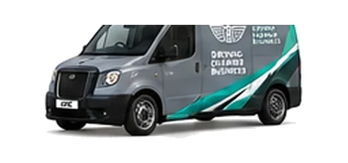 LEVC VN5 City in grey with custom van vinyl graphics, front three-quarter view.
