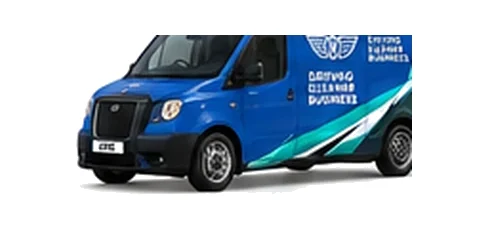LEVC VN5 City in blue with custom van vinyl graphics, front three-quarter view.