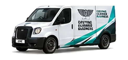 LEVC VN5 Commercial in white with custom van vinyl graphics, front three-quarter view.