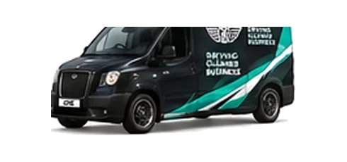 LEVC VN5 Commercial in black with custom van vinyl graphics, front three-quarter view.