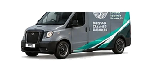 LEVC VN5 Commercial in grey with custom van vinyl graphics, front three-quarter view.