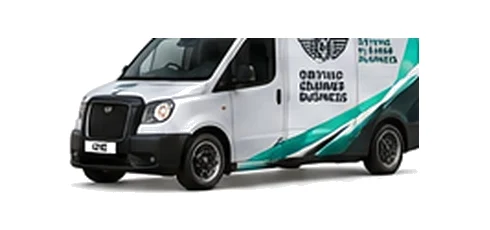LEVC VN5 Commercial in silver with custom van vinyl graphics, front three-quarter view.