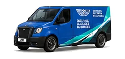 LEVC VN5 Commercial in blue with custom van vinyl graphics, front three-quarter view.