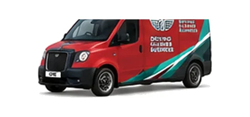 LEVC VN5 Commercial in red with custom van vinyl graphics, front three-quarter view.