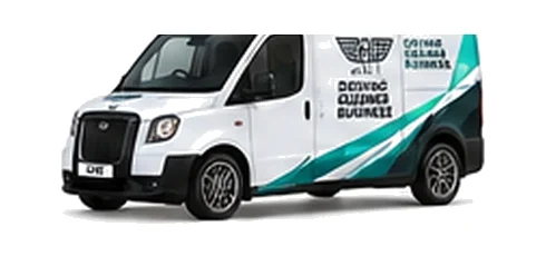 LEVC VN5 Ultima in white with custom van vinyl graphics, front three-quarter view.