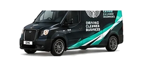 LEVC VN5 Ultima in black with custom van vinyl graphics, front three-quarter view.