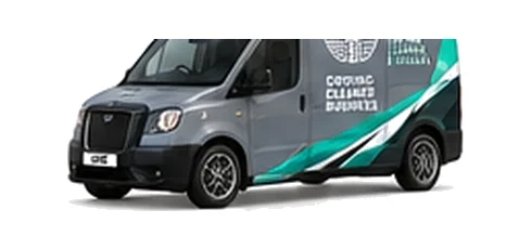 LEVC VN5 Ultima in grey with custom van vinyl graphics, front three-quarter view.