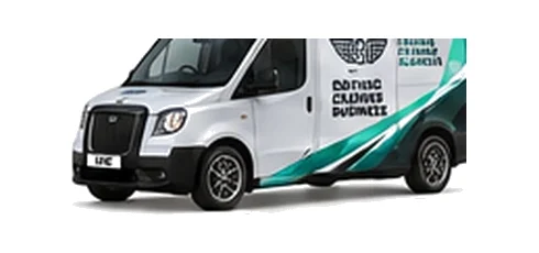 LEVC VN5 Ultima in silver with custom van vinyl graphics, front three-quarter view.