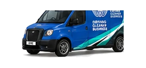 LEVC VN5 Ultima in blue with custom van vinyl graphics, front three-quarter view.