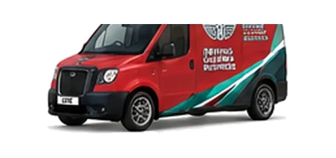 LEVC VN5 Ultima in red with custom van vinyl graphics, front three-quarter view.