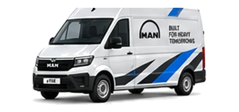 MAN eTGE Panel Van in white with custom van vinyl graphics, front three-quarter view.