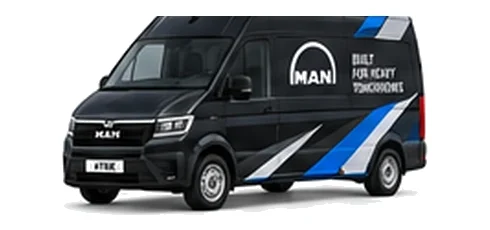 MAN eTGE Panel Van in black with custom van vinyl graphics, front three-quarter view.