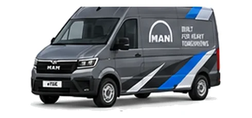 MAN eTGE Panel Van in grey with custom van vinyl graphics, front three-quarter view.