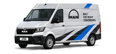 MAN eTGE Panel Van in silver with custom van vinyl graphics, front three-quarter view.