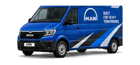 MAN eTGE Panel Van in blue with custom van vinyl graphics, front three-quarter view.