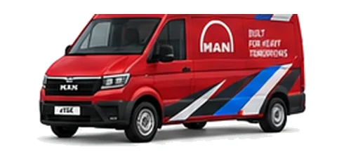 MAN eTGE Panel Van in red with custom van vinyl graphics, front three-quarter view.