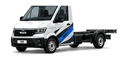 MAN TGE Chassis Cab in white with custom van vinyl graphics, front three-quarter view.