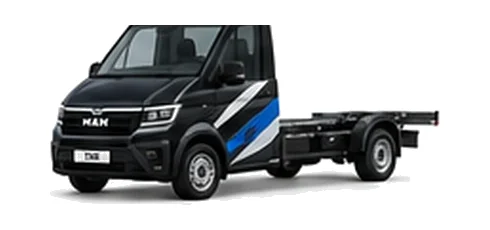 MAN TGE Chassis Cab in black with custom van vinyl graphics, front three-quarter view.