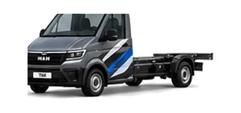 MAN TGE Chassis Cab in grey with custom van vinyl graphics, front three-quarter view.