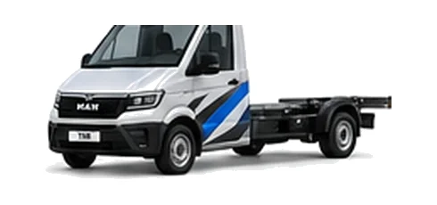 MAN TGE Chassis Cab in silver with custom van vinyl graphics, front three-quarter view.
