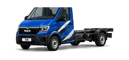 MAN TGE Chassis Cab in blue with custom van vinyl graphics, front three-quarter view.